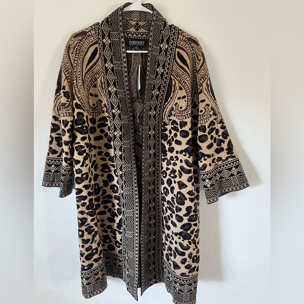 Lord & Taylor Beige and Black Patterned Open Cardigan